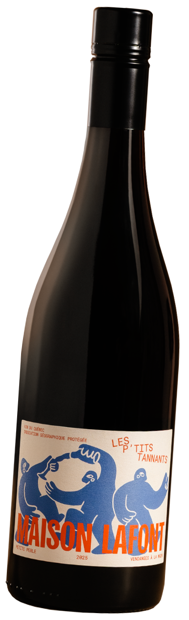 Wine bottle with a label featuring people and text on a white background